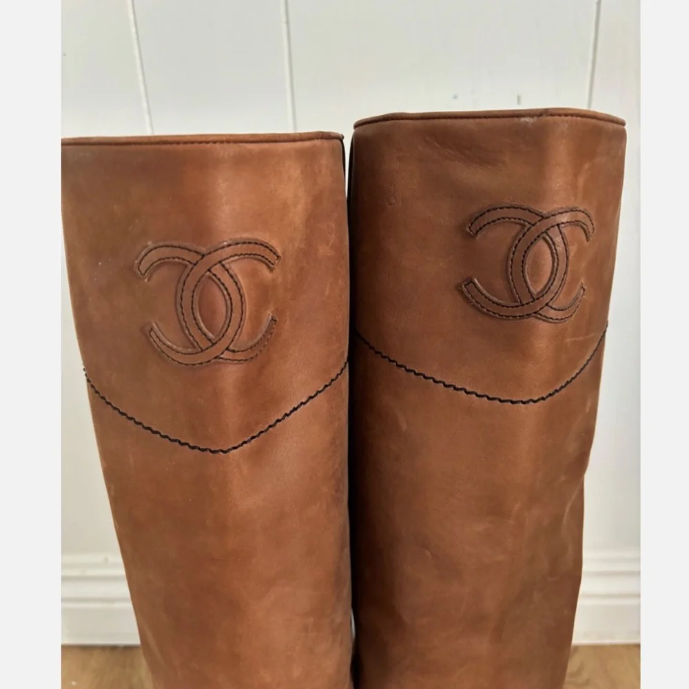 ★Chanel Interlocking CC Logo Riding Boots Brown IT39.5★ - Picture 4 of 7